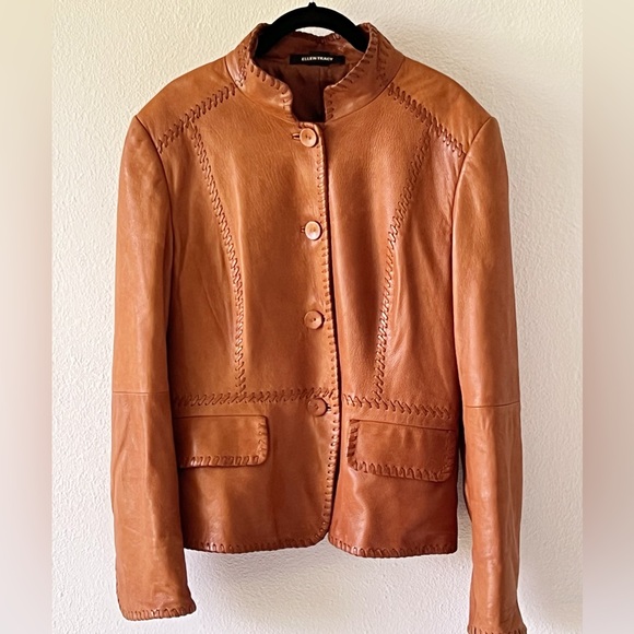 Ellen Tracy Vtg Camel Soft Leather Whipstitch Retro Bohemian Jacket Size 14 - Picture 2 of 13